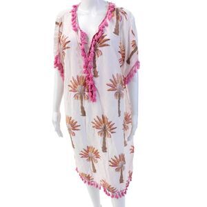 Designer Women Kaftan Midi Dress Pink Cotton Silk V-Neck Beach Size M